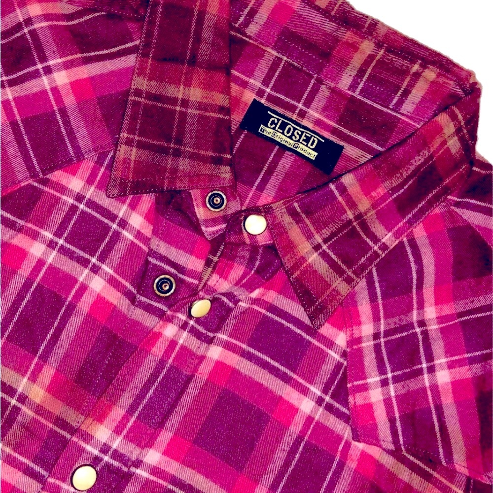 Closed plaid shirt button-front burgundy red cotton tee men M fashion